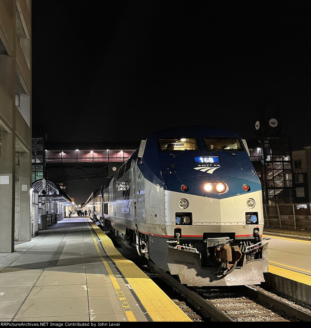 Amtrak Train # 14 at Oakland Jack London Sq Station during a fresh air stop-looking south